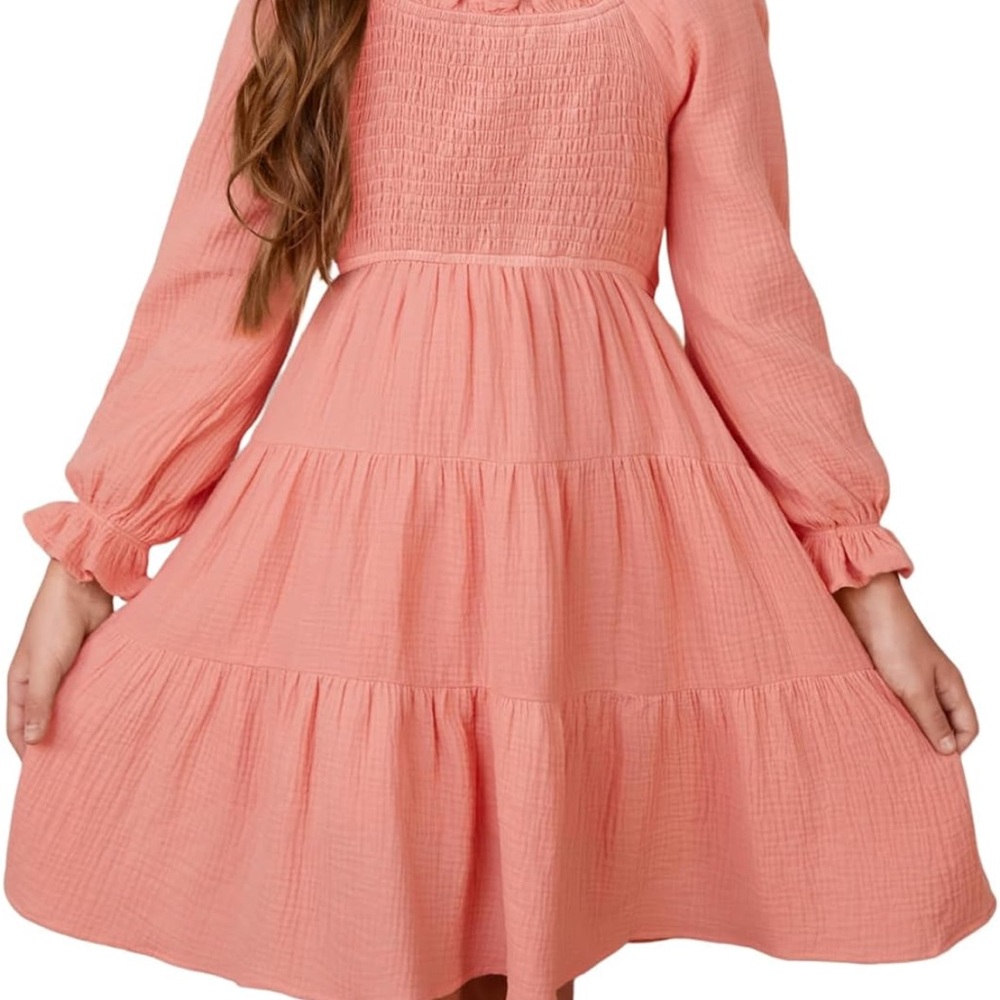 Cotton Long Sleeve Boho Tiered Coral Kids Dress